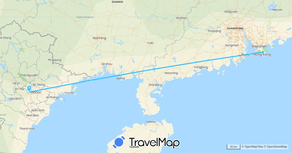 TravelMap itinerary: driving, boat in China, Vietnam (Asia)