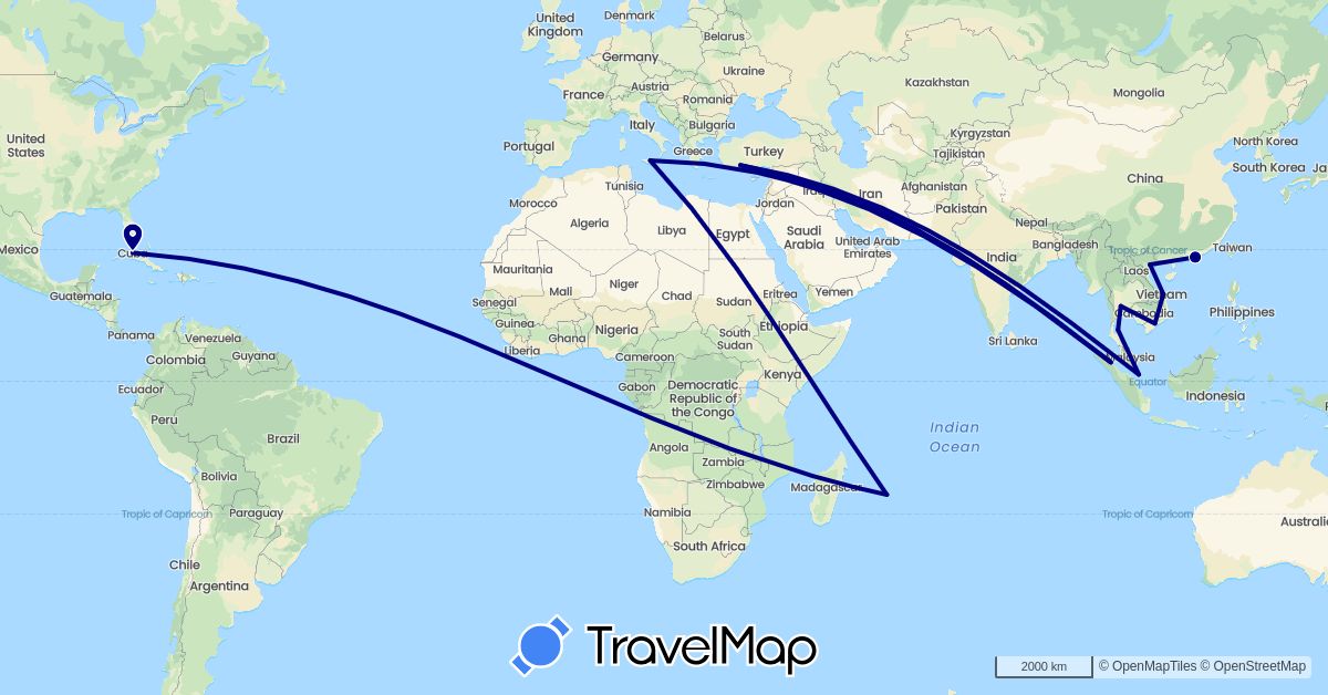 TravelMap itinerary: driving in China, Cuba, Indonesia, Italy, Mauritius, Singapore, Thailand, Turkey, Vietnam (Africa, Asia, Europe, North America)